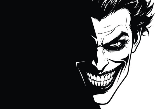 Evil joker face with creepy smile vector illustration. Scary clown villain portrait silhouette emerging from dark shadow, mad psychopath or criminal mascot design. Black and white comic book line art 