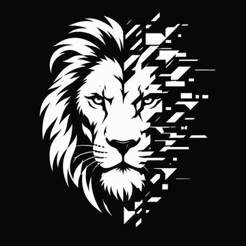 Geometric lion head vector illustration. Majestic lion face silhouette exploding into abstract pixel fragments and sharp geometric shapes, modern digital technology mascot design. White line art isola