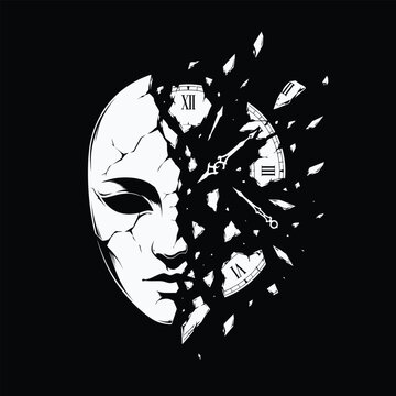 Shattered mask with broken clock vector illustration. Surreal face silhouette exploding with Roman numeral clock parts, passing of time, deep psychology or mystery concept. Abstract white line art iso