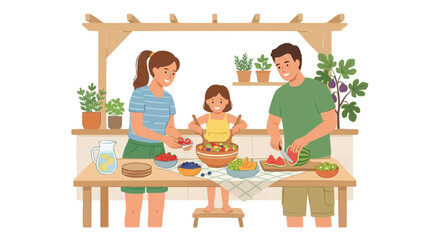 Fototapeta premium FLAT 2d minimalist Family preparing healthy fruit salad together outdoors on a sunny day in a minimalist style illustration Silhouette PNG Isolated on transparent background vector