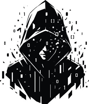 Anonymous hacker with binary code vector illustration. Mysterious hooded programmer silhouette with falling digital data matrix and pixels, cyber security, coding or technology concept. Black and whit