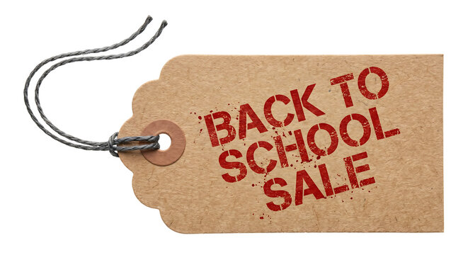 Brown cardboard price tag with string and red stamped text back to school sale isolated on white background