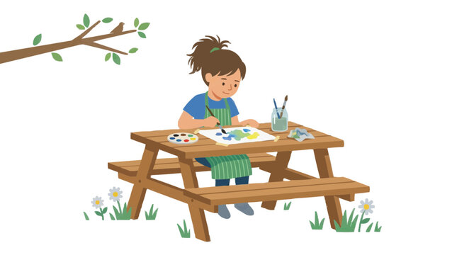 FLAT 2d minimalist Young girl painting outdoors at a wooden picnic table with art supplies and a bird in a nearby tree Silhouette PNG Isolated on transparent background vector