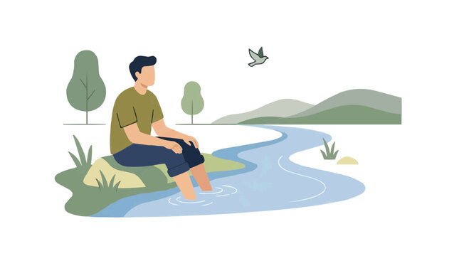 FLAT 2d minimalist Man sitting by a river dipping his feet in the water with a bird flying overhead and rolling hills in the background minimalist illustration Silhouette PNG Isolated on transparent b