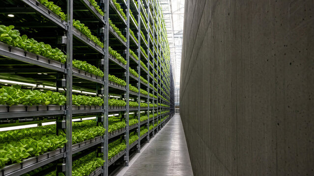 Monumental vertical farm facility with fresh green crops and dark concrete copy space, premium agritech and industrial indoor farming concept