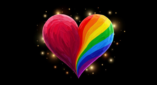 A painted heart, half red, half rainbow, against a black background with golden sparkles, symbolizing love, diversity, and celebration, ideal for pride events or Valentine's Day.