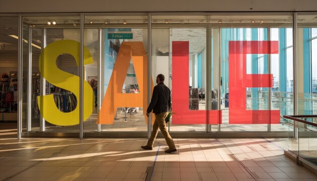 Shopper walking past large colorful sale sign in a retail store, showcasing vibrant window display and inviting shopping atmosphere with copy space