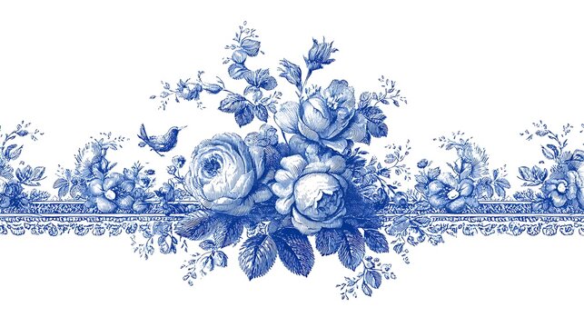 Blue and white floral border with roses and birds in a classic toile de jouy style