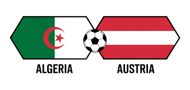 Algerian and Austrian national flags joined by a classic soccer ball representing an international football showdown