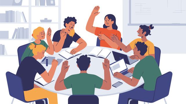 A diverse group of university students sit around a circular table in a library setting while multiple individuals raise their hands to participate in a group discussion.