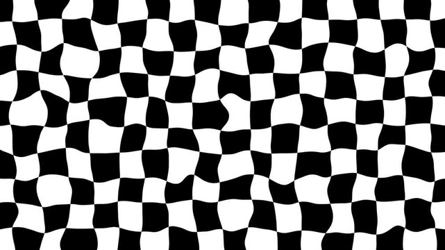 Animated background in a white and black cage, smooth distortion of the shape of the squares. Animated chess background.