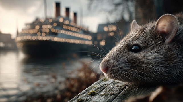 Wild rat observing a large passenger ship at sea, symbolizing potential health risks, viral transmission, unexpected contamination, and pest control issues on board