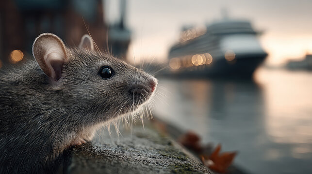 Wild rat observing a large passenger ship at sea, symbolizing potential health risks, viral transmission, unexpected contamination, and pest control issues on board
