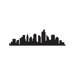Fototapeta premium Clean black silhouette vector of a city skyline with skyscrapers and urban buildings isolated on white background.