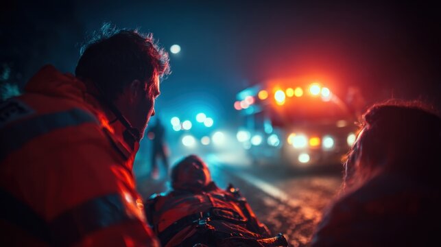 Paramedics assisting injured individual at night with ambulance lights illuminating the scene, showcasing emergency medical response and teamwork in action