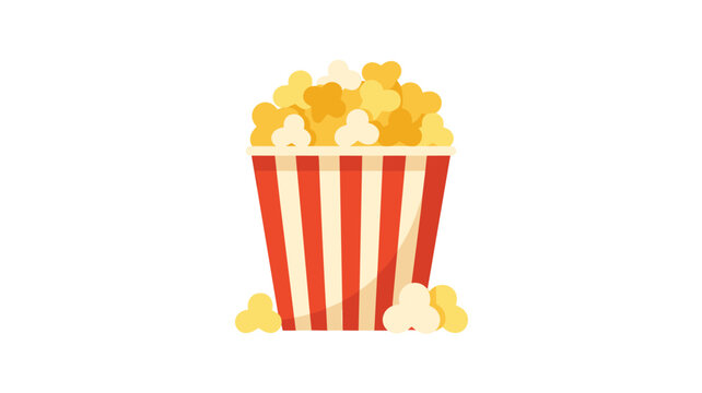 A brightly colored cartoon-style popcorn bucket with prominent vertical red and white stripes stands centered against a clean white background with scattered yellow kernels.