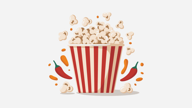 A festive illustration featuring a red and white striped popcorn container surrounded by two hot chili peppers and floating kernels against a neutral white background.