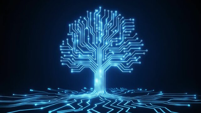 Digital circuit tree glowing blue, symbolizing technology, data networks, innovation, and the fusion of nature with digital growth.