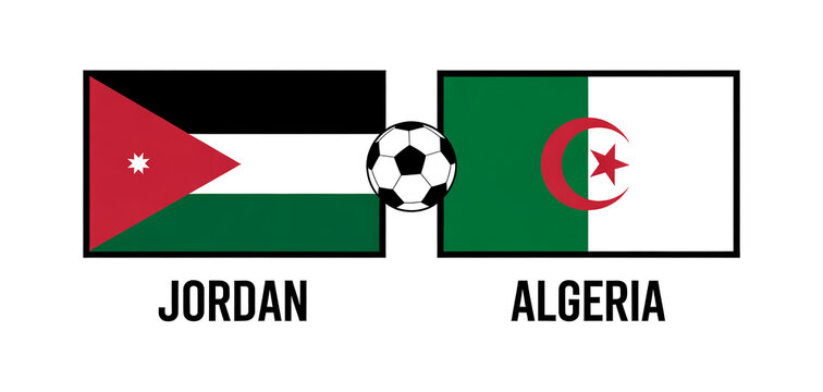 The national flags of Jordan and Algeria face each other with a soccer ball, ready for a football game