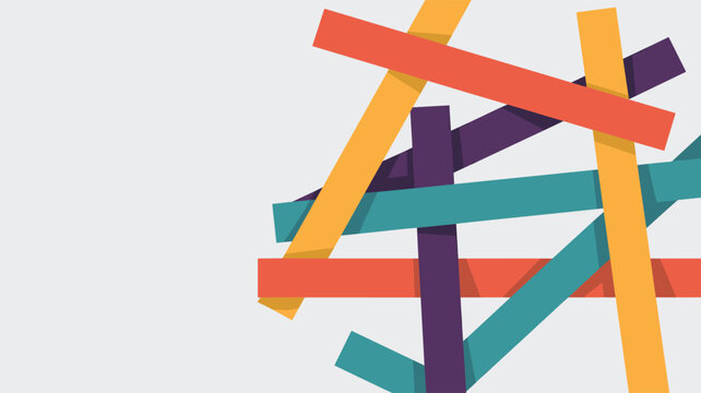 Multiple colorful rectangular strips in orange teal purple and yellow overlap on a neutral light grey background creating an abstract geometric pattern with shadows.