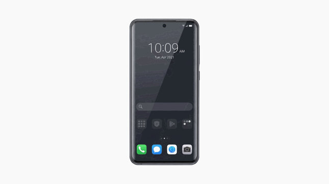 Modern smartphone with dark theme interface displaying time date and app icons on white background