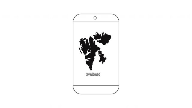 Smartphone displaying map of Svalbard archipelago in black and white outline.