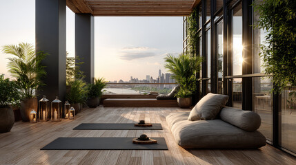 Fototapeta premium Rooftop yoga deck with mats ready for a morning wellness practice, offering breathtaking city skyline views during golden hour sunrise, emphasizing urban tranquility and mindful living
