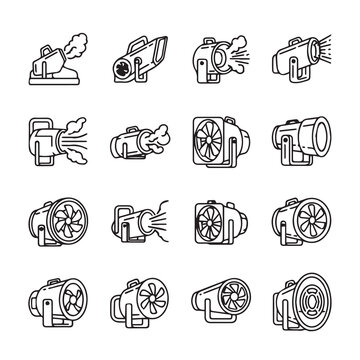 Various smoke machines and fog generators with light beam effects in a clean line art style