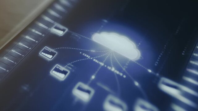 Server network illustration featuring a core hub linked to multiple data nodes