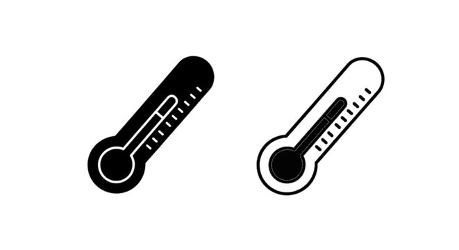 Minimal black silhouette icon, simple flat vector, bold black shape, no, no shading two thermometer icons, solid and outline style on a, flat icon style