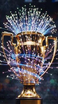 3D render of a golden championship trophy with glowing digital fiber optics, representing the future of sports broadcasting on a dark background.