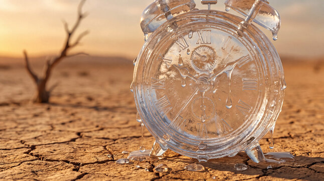 surreal clock in the desert, metaphor for time-management and transience