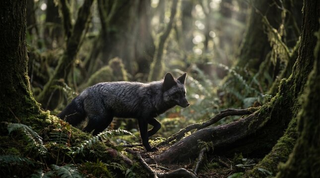 Silver fox in dense dark forest with cinematic lighting and glossy fur texture.
