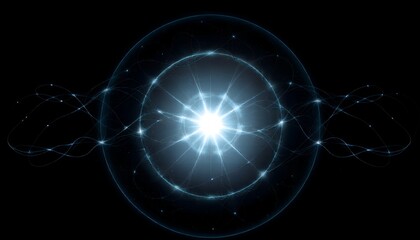 Obraz premium A bright white light shines from within a glowing blue circle on a black background with swirling lines and sparks