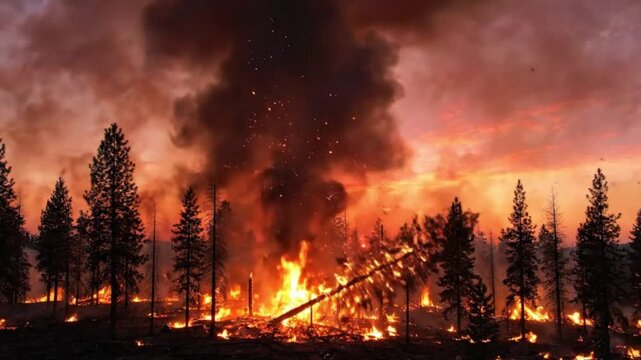 Forest fire raging with intense flames and smoke against a dramatic sunset sky