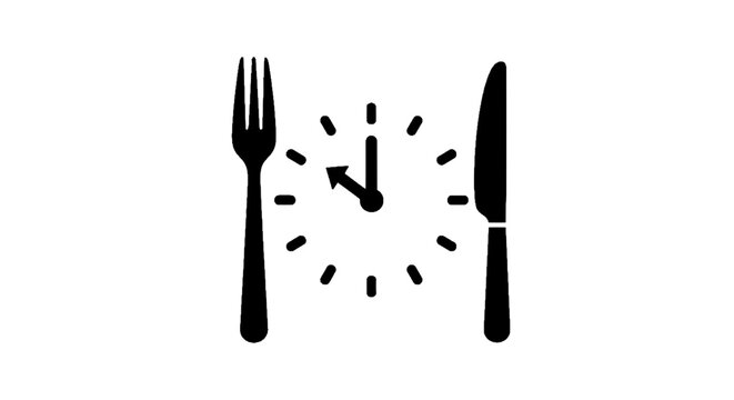 Minimal black silhouette icon, simple flat vector, bold black shape, no, no shading mealtime icon with fork, clock, and knife, on a, flat icon style