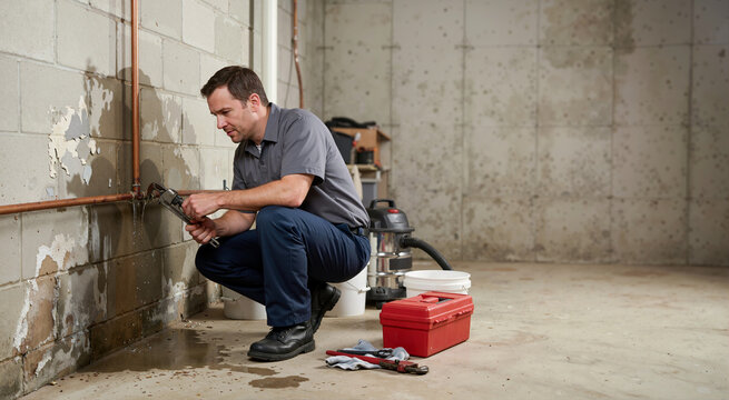 Plumber repairing a leaking pipe on a water-damaged basement wall. Handyman fixing a plumbing issue with a wrench near a puddle. Home maintenance service