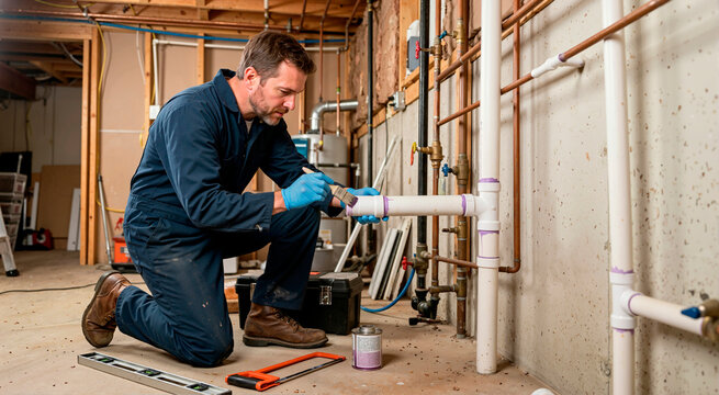Plumber gluing PVC pipe joints in an unfinished basement. Male contractor applying purple primer to plumbing drainage system. Home renovation and repair
