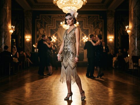 Flapper Dancer Poses in Opulent Ballroom Scene