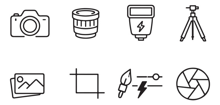 Photography icon set with camera equipment, professional photo editing symbols, 8 linear vector icons for digital imaging and studio gear