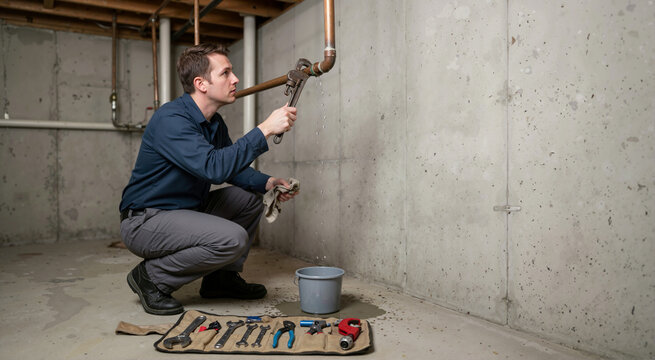 Plumber fixing a leaking copper pipe in a basement. Man using a wrench to repair a dripping water line over a bucket. Home maintenance and plumbing service