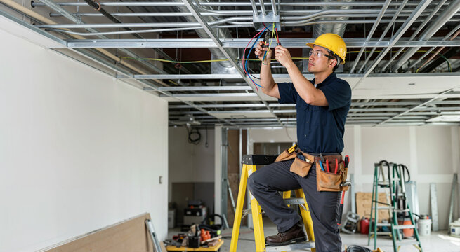 Asian male electrician installing wiring in a commercial ceiling grid. Professional worker on a stepladder using wire strippers on electrical cables. Commercial construction and renovation