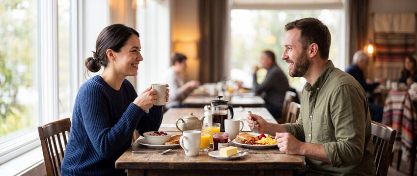 Happy couple enjoying breakfast together at a restaurant table. Smiling man and woman eating morning meal and drinking coffee. Hotel hospitality and vacation concept