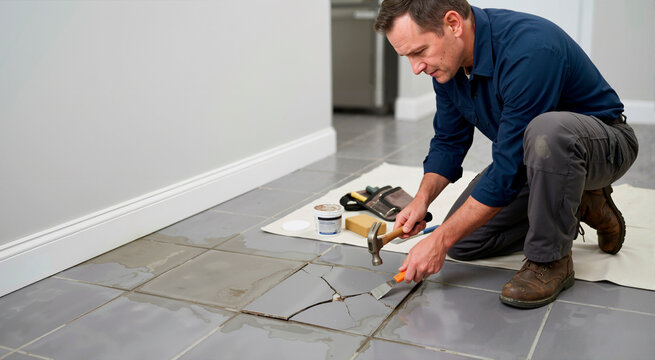 Contractor removing a cracked floor tile damaged by a water leak. Male handyman kneeling with a hammer and chisel for home renovation and flooring repair