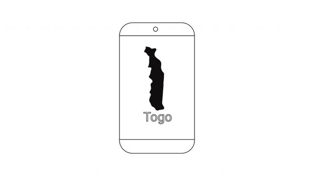 Togo map outline on a smartphone screen, digital representation of country.