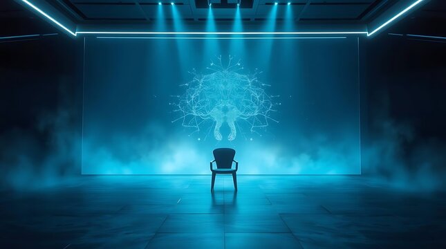 A single empty chair in a dark futuristic room with a glowing blue digital brain hologram on the wall and stage lights