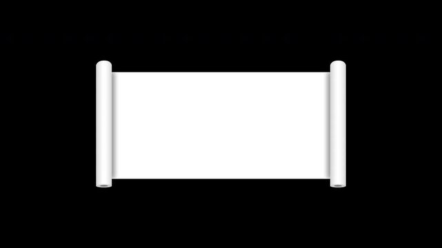White horizontal paper scroll open and close to left and right animation with blank placeholder reveal on black background and green screen. 4K animated paper scroll for titles and motion graphics.