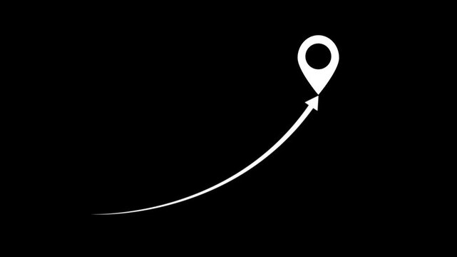 Location pin icon with curved arrow path moving animation on black background. Representing travel planning and logistics tracking animation concept.