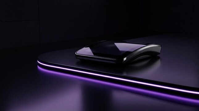 Sleek futuristic electronic device with glowing purple LED accent light resting on a dark polished surface in studio setting.