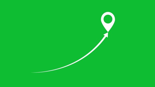 Location pin icon with curved arrow path moving animation on green background. Representing travel planning and logistics tracking animation concept.